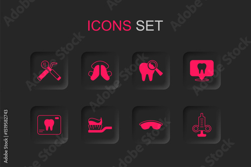 Set Toothbrush with toothpaste, Dental plate, mirror and probe, Safety goggle glasses, clinic location, Syringe, Broken and X-ray of icon. Vector