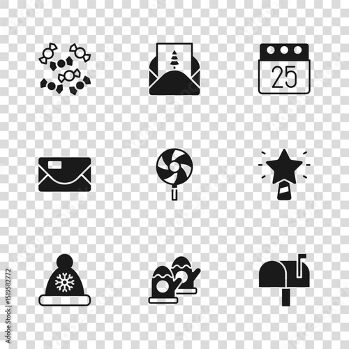 Set Christmas mittens, star, Mail box, Lollipop, day calendar, Candy, Envelope and icon. Vector