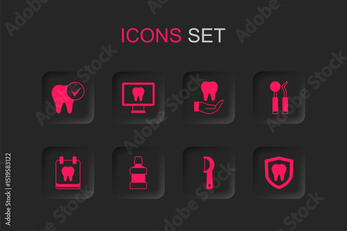 Set Mouthwash, Online dental care, Tooth, Dental floss, mirror and probe, protection, and Calendar with tooth icon. Vector
