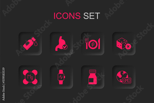 Set Smart watch with heart, Human stomach health, Bottle of water, Vitamins, No sugar free, GMO, Vegan food diet and Magnesium icon. Vector