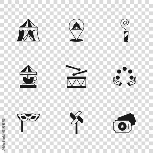 Set Pinwheel toy, Juggling ball, Circus ticket, Drum with drum sticks, Birthday party horn, tent, and Attraction carousel icon. Vector