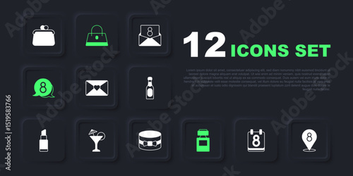 Set Calendar with 8 March, Envelope, Perfume, in speech bubble, Martini glass, Handbag and Gift box heart icon. Vector