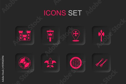 Set Fleur de lys or lily flower, Medieval flag, Castle, Round wooden shield, axe, arrows, Crusade and icon. Vector