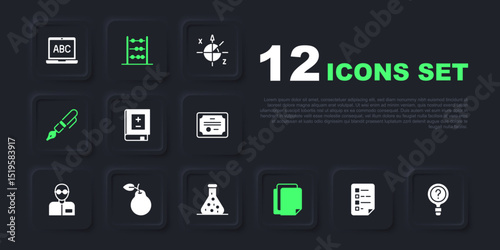Set Clipboard with checklist, Unknown search, Book mathematics, File document, Fountain pen nib, Pear, Abacus and Test tube icon. Vector