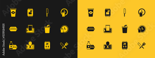 Set Round the clock delivery, Food ordering on mobile, Paper glass with water, Soda can, Knife, Coffee cup to go and icon. Vector