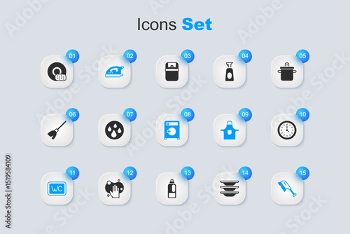 Set Washing dishes, Water drop, Electric iron, Toilet, Brush for cleaning, Clock, and Washer icon. Vector