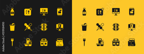 Set Soda can, Coffee cup to go, Lunch box, Meatballs on wooden stick, Online ordering food, Bottle water and Food icon. Vector