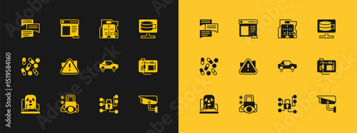 Set Cloud database, Cyber security, Fantastic flying car, Exclamation mark triangle, Futuristic sliding doors, Speech bubble chat and Browser window icon. Vector