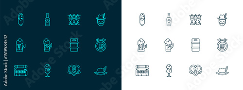 Set line Oktoberfest man, Glass of beer, Metal keg, Pretzel, Dried fish, Salami sausage and Beer bottle icon. Vector