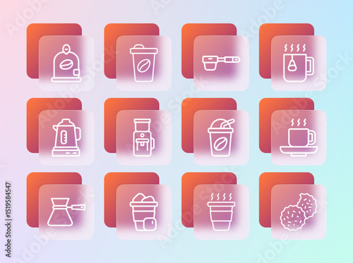 Set line Cup of tea with bag, Iced coffee, Coffee cup to go, Electric grinder, filter holder, Bag beans and icon. Vector