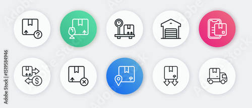 Set line Location with cardboard box, Document tracking marker, Tax, Cardboard traffic symbol, Warehouse, Scale, Delivery cargo truck and Carton icon. Vector