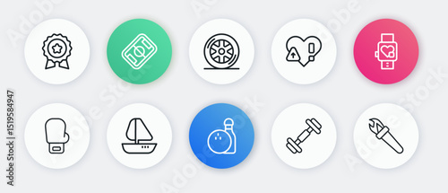 Set line Bowling pin and ball, Smart watch with heart, Boxing glove, Dumbbell, Heart rate, Car wheel, Torch flame and Yacht sailboat icon. Vector
