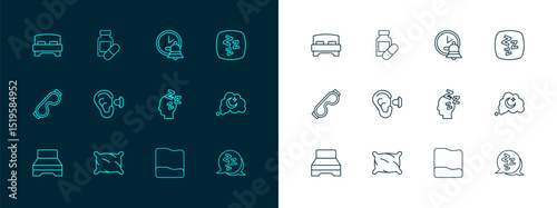 Set line Sleepy, Pillow, Dreams, Earplugs and ear, Alarm clock, Big bed and Sleeping pill icon. Vector