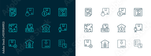 Set line Online app delivery tracking, Closed warehouse, Warehouse price, Carton cardboard box, Cardboard with free symbol, Waybill and icon. Vector