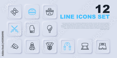 Set line Pommel horse, Boxing short, glove, Jump rope, Fencing, Badminton shuttlecock, Bicycle helmet and Medal icon. Vector