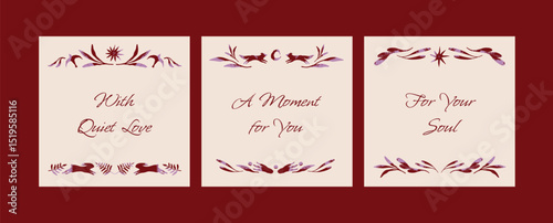 Three autumn greeting card templates with foxes, birds, leaves, stars and berries. Decorative hand drawn elements in seasonal style. Illustration for postcards, invitations, banners, print.