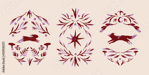 Decorative compositions with foxes, mushrooms, berries, branches and floral elements. Abstract layout. Illustration for stickers, prints, cards, posters. Vector illustration.
