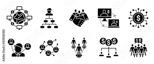 Business communication icon set. Network with global connections and financial teamwork vector illustration. Corporate interaction symbol. Digital economy black sign. Marketing flow glyph pictogram.