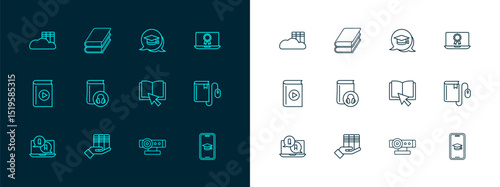 Set line Online education with diploma, Book donation, book, Web camera, Audio, Graduation cap speech bubble, Cloud or online library and icon. Vector
