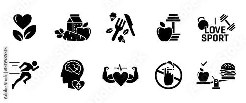 Healthy lifestyle icon set. Fitness and nutrition black symbols. Wellness and active lifestyle vector illustration. Energy, vitality and strength concept glyph sign.
