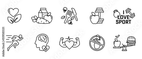 Healthy lifestyle icon set. Fitness and nutrition outline symbols. Wellness and active lifestyle vector illustration. Energy, vitality and strength concept line sign.