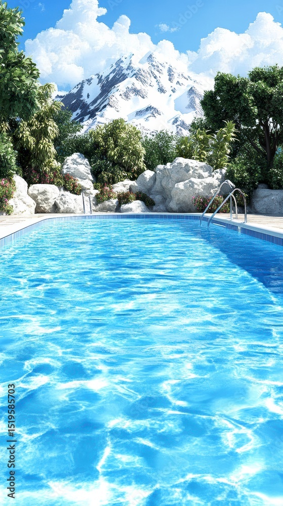 Fototapeta premium Serene Mountain View Pool Crystal Clear Water, Relaxing Escape