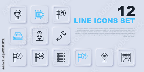 Set line Railroad crossing, Bridge for train, Train conductor, Cafe and restaurant location, Cargo wagon, Toilet, Online ticket booking and Railway, railroad track icon. Vector