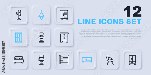 Set line Armchair, Wardrobe, Office, TV table stand, Lamp hanging and Bunk bed icon. Vector