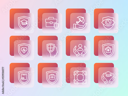 Set line Shield and eye, Briefcase with shield, Life insurance, Lifebuoy, Umbrella hand, Graduation cap and icon. Vector