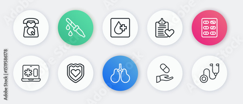 Set line Lungs, Pills in blister pack, Clinical record on laptop, Medical prescription, Patient, Blood test, Stethoscope and Immune system icon. Vector