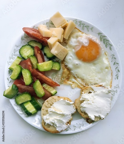 Nutritious breakfast plate with fried egg, vegetables, cheese and cream cheese toasts