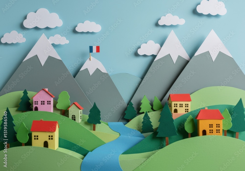 Charming paper craft village nestled in french alps mountains landscape Charming paper craft village nestled in french alps mountains landscape