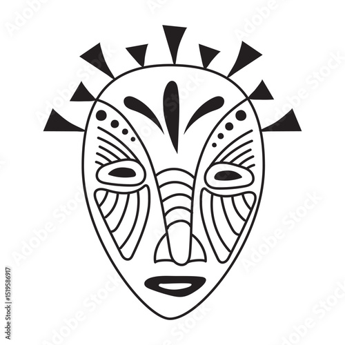 African mask in doodle style hand drawn isolated on white background