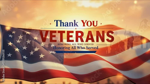 Moving tribute to Veterans with American flag waving in sunset.