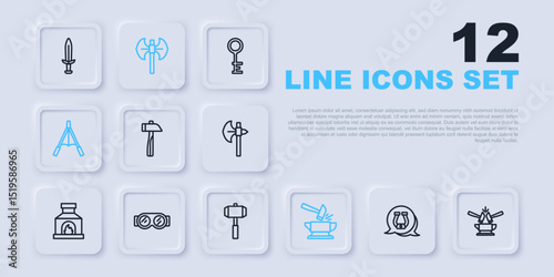 Set line Horseshoe, Anvil and hammer, Hammer, Air blower bellows, Welding glasses, Medieval poleaxe and Sledgehammer icon. Vector