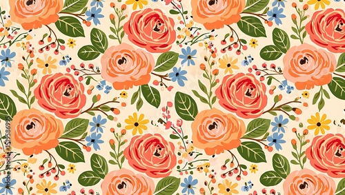 Wallpaper Mural Vibrant Floral Pattern Peach Roses and Spring Blossoms Seamless Repeat Design Torontodigital.ca