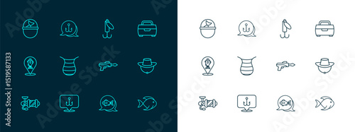 Set line Case or box for fishing equipment, Fishing hook, harpoon, net, lure, bucket with and icon. Vector