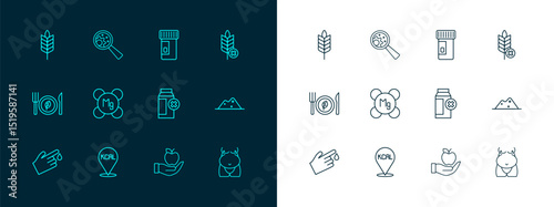 Set line Gluten free grain, Kcal, Lactose intolerance, Apple, Magnesium, Vitamins, Wheat and GMO icon. Vector