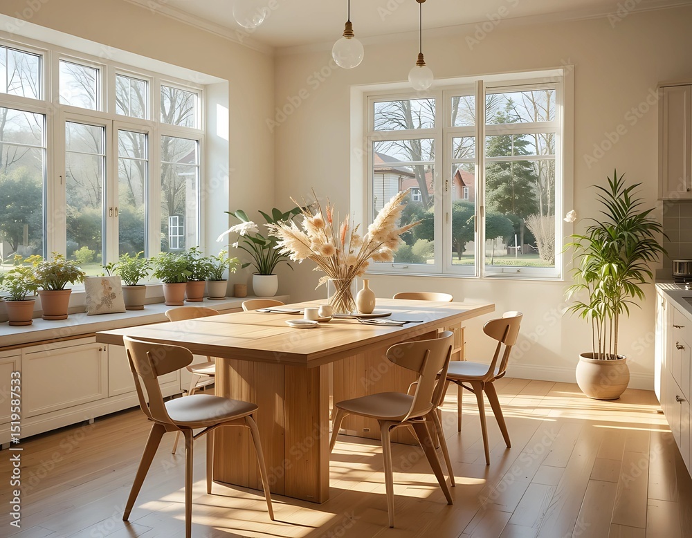 Fototapeta premium Sunny dining space with a clean-lined oak table, curved Scandinavian chairs, a centerpiece of dried flowers, and potted plants placed along a window bench.