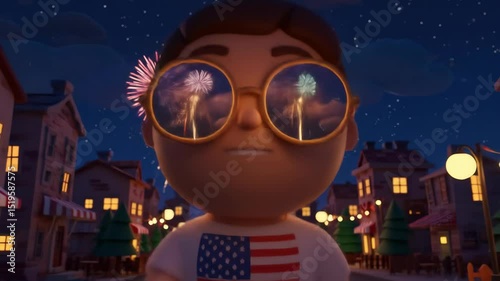 Young animated boy wearing glasses marvels at fireworks above a festive town
