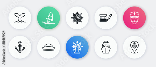 Set line Ship steering wheel, Captain of ship, Anchor, Yacht sailboat, Marine bollard with rope, Location anchor and Sailor hat icon. Vector