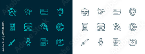 Set line Artificial intelligence robot, Wrist watch, Eye scan, Speech bubble chat, Cloud database, Credit card, Futuristic weapon and Earth with exclamation mark icon. Vector