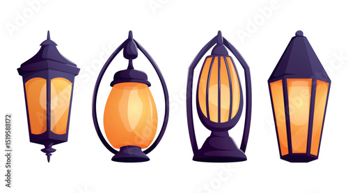 Set of four isolated vintage lanterns with glowing orange light and dark tops. Vector cartoon illustration perfect for magical, festive, medieval, or fantasy themed projects and decorative assets.
