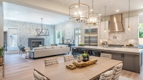 Modern Open-Concept Dining and Living Room with Pantry and Patterned White Wall