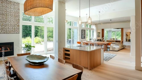 Modern Open-Concept Dining and Living Room with Pantry and Patterned White Wall