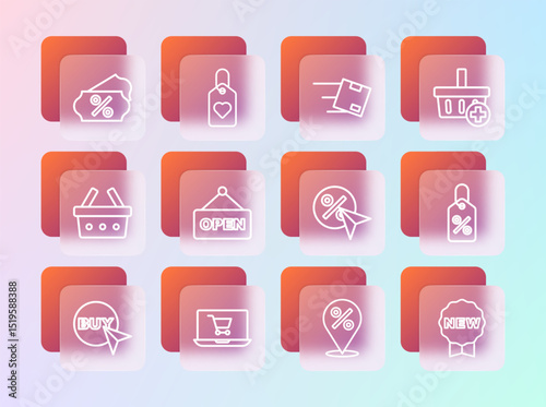 Set line Add to Shopping basket, cart on screen laptop, Discount percent tag, Location with, Hanging sign text Open, cardboard box, and Heart icon. Vector