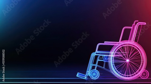 Neon glow outlines a wheelchair, set against gradient backdrop
