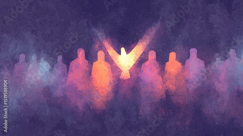 Abstract Pentecost representation featuring glowing silhouettes and a dove symbolizing divine presence and inspiration