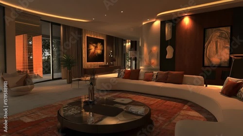 Spacious living room filled with modern furniture, comfortable sofa, coffee table, rugs, warm lighting, stylish decor, cozy ambiance, contemporary design