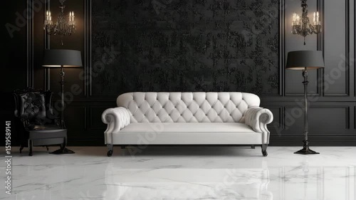 Stylish living room interior with white marble flooring, black patterned wall background, luxury modern decor, elegant furniture, soft lighting